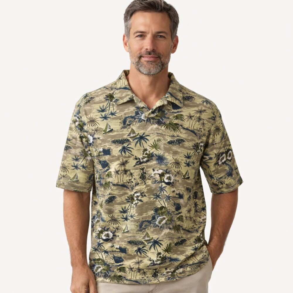 Tommy Bahama Hawaiian Polo Shirt Men Size L Cotton Short Sleeve VTG Tropical